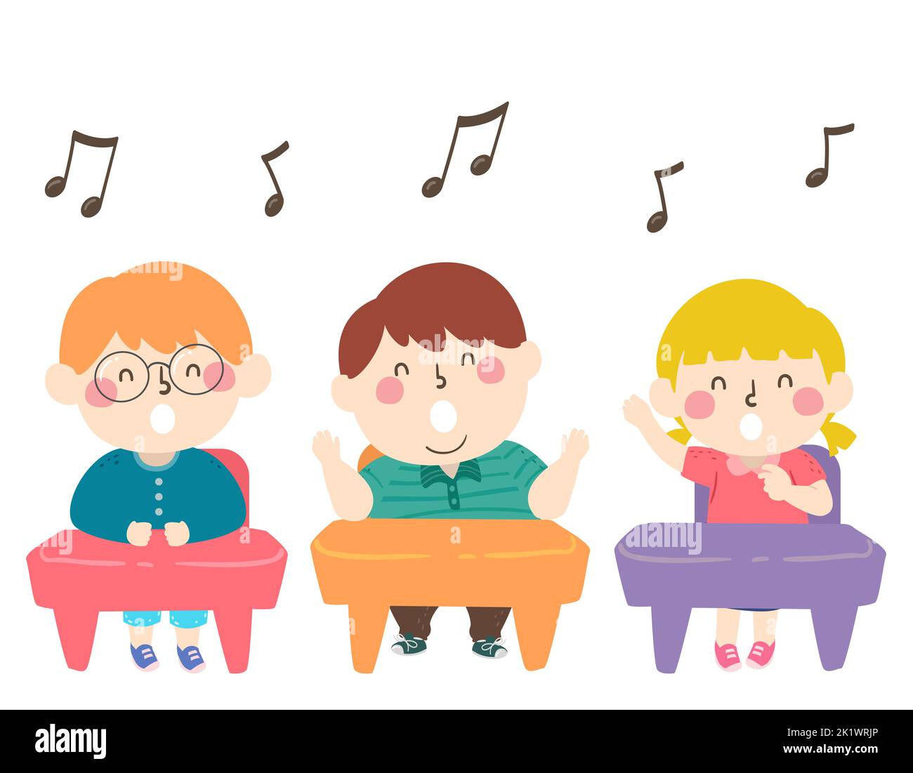 Illustration of Kids Sitting Down in Class and Singing a Song with Music Notes Above Stock Photo