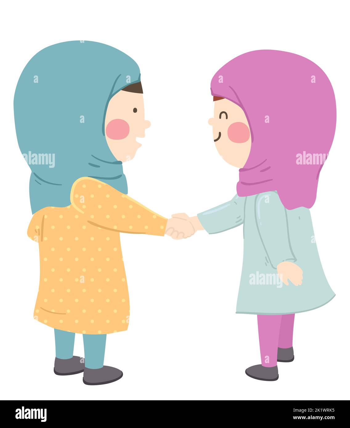 Illustration of Kids Girls Wearing Hijab and Shaking Their Hands Stock Photo
