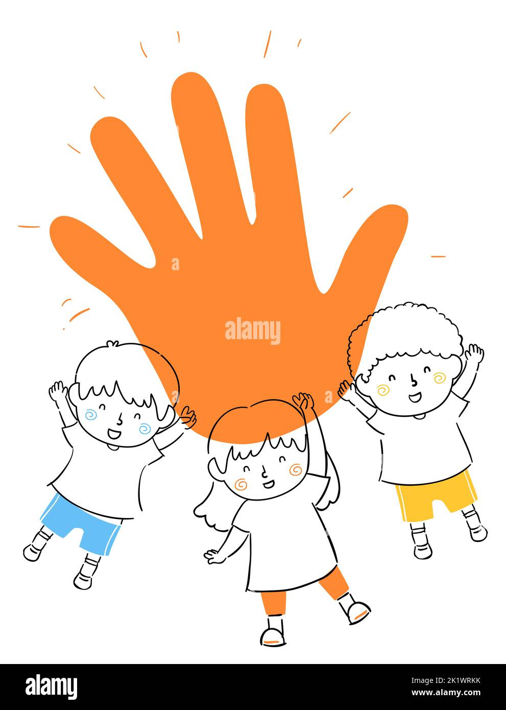 Doodle Illustration of Kids with a Big Hand Print Waving Hello Stock Photo