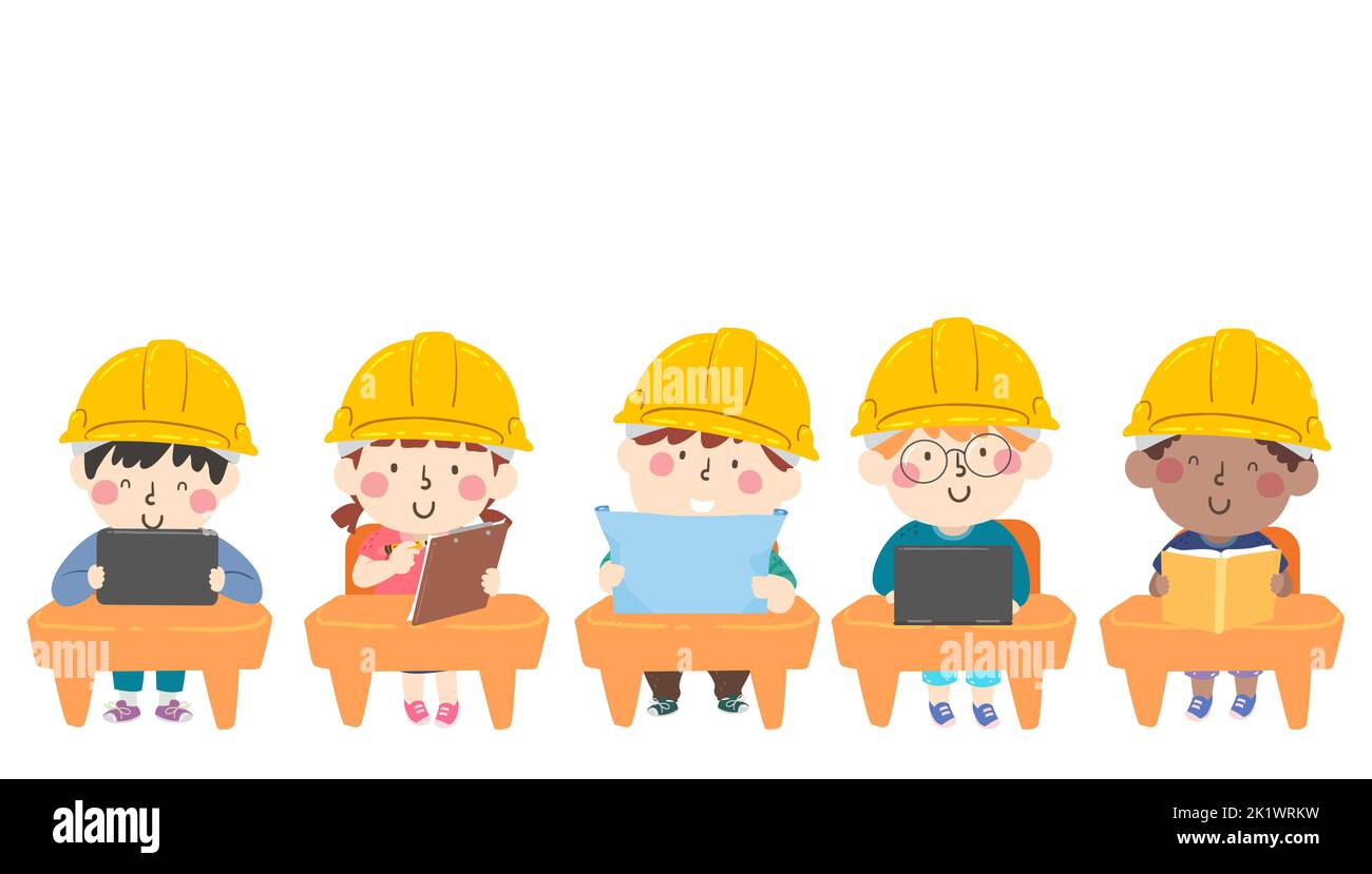 Illustration of Kids Wearing Yellow Hard Hat and Sitting Down in Class Learning About Construction Stock Photo