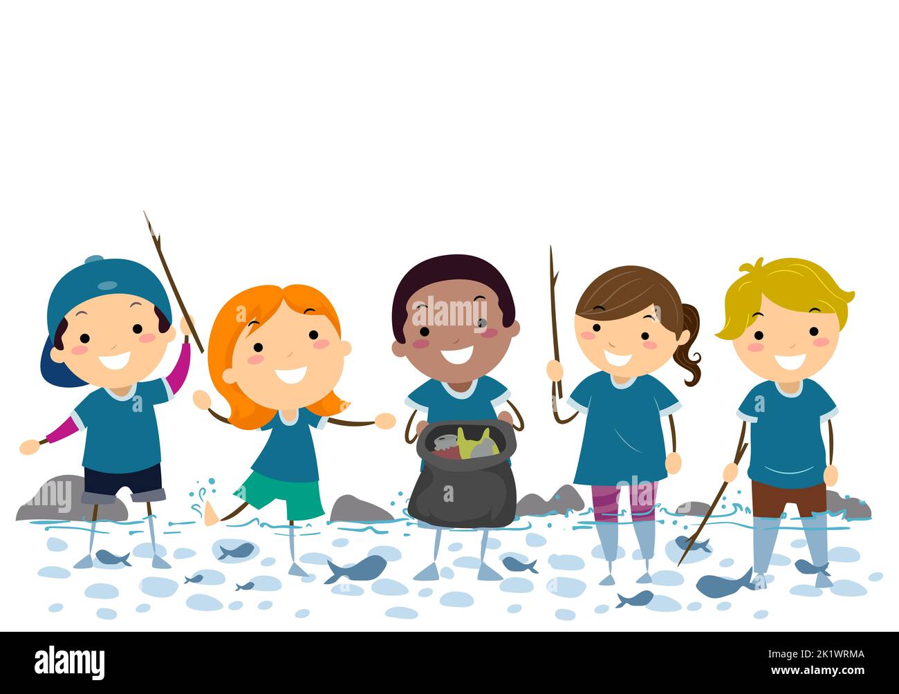 Illustration of Stickman Kids Volunteer Wearing Blue Shirt Clearing Stream from Trash Stock Photo