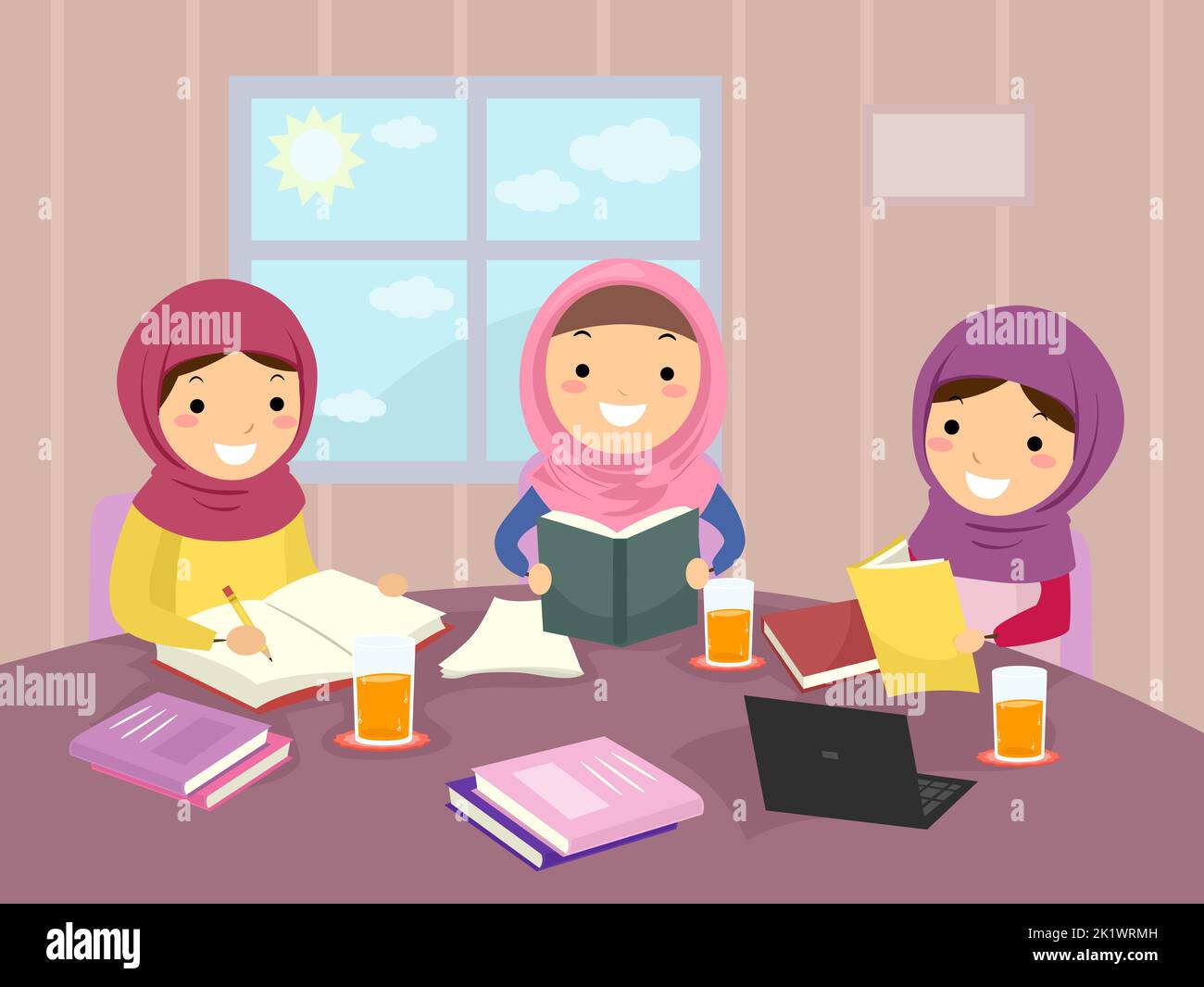 Illustration of Stickman Muslim Kids Girls Wearing Hijab and Studying as Group with Books and Notes on the Table Stock Photo