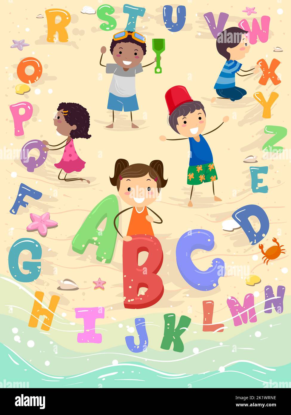 Illustration of Stickman Kids Playing with the Alphabet by the Beach Stock Photo