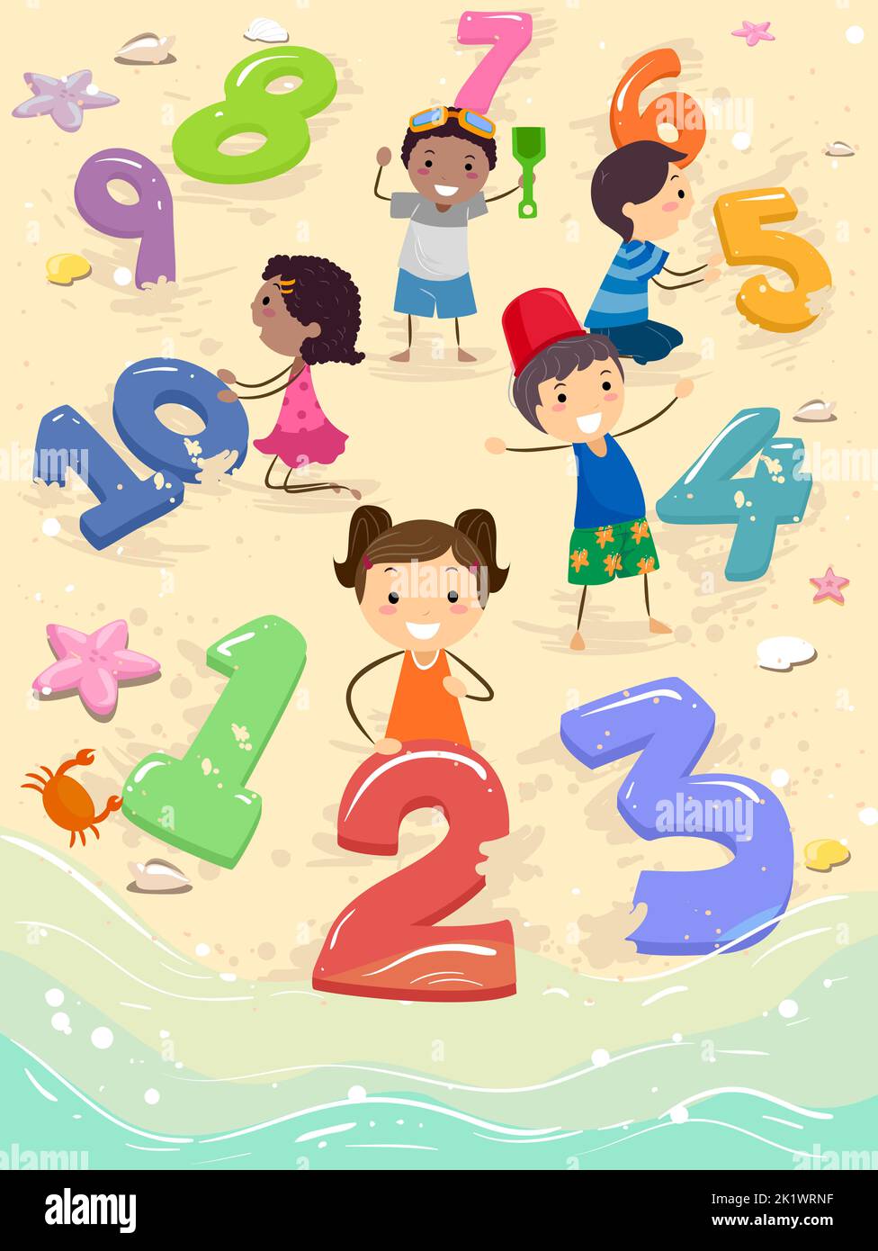 Illustration of Stickman Kids Playing with Numbers by the Beach Stock Photo
