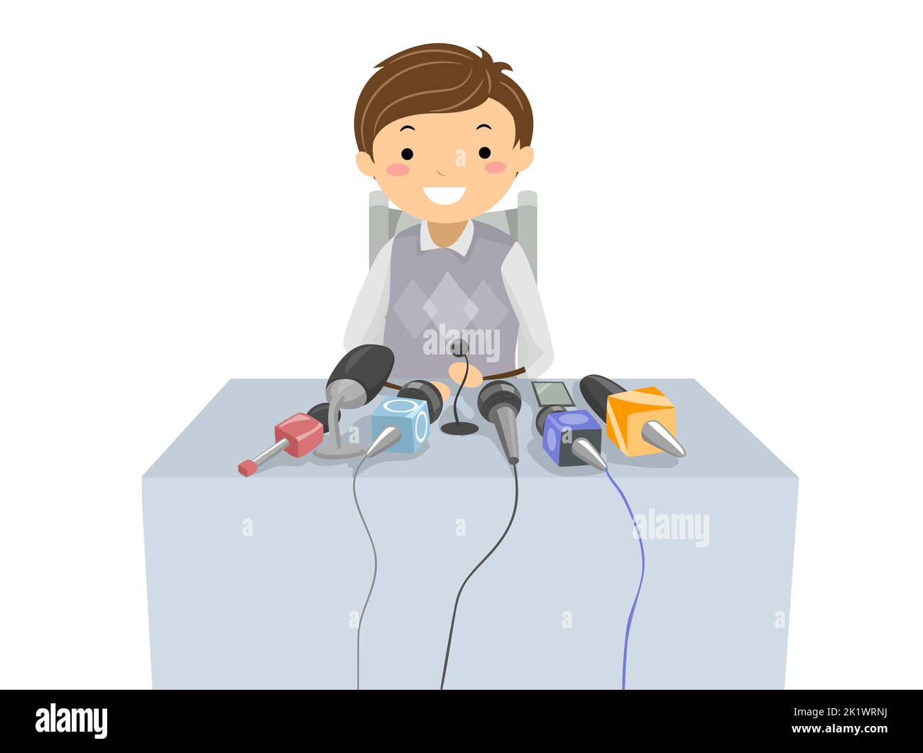 Illustration of Stickman Teen Boy in Press Conference Sitting in Front of Microphones Stock Photo