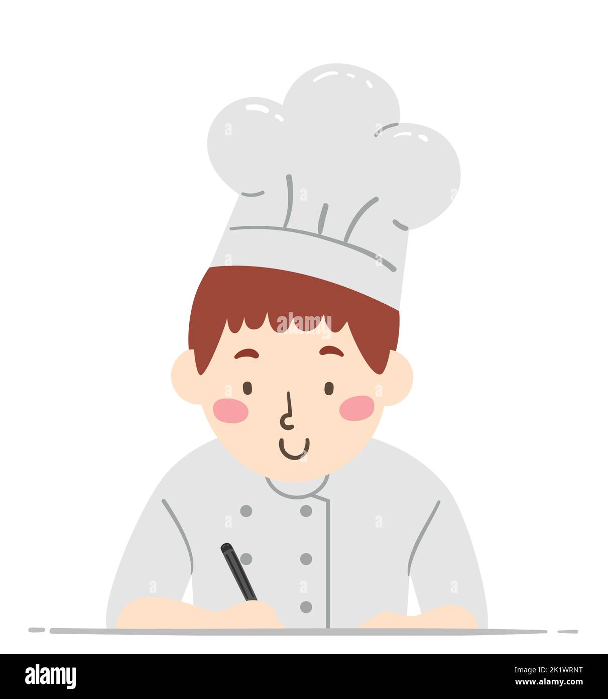 Illustration of Teen Boy Chef Wearing Coat and Toque Blanche Hat, Writing with a Pen Stock Photo