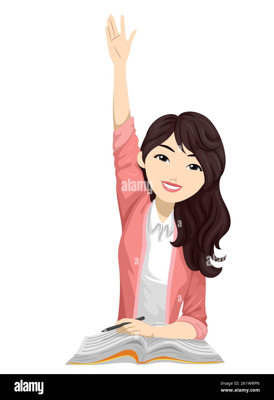 Illustration of Asian Teen Girl Student with a Book, Holding a Pen and Raising Her Hand in Class Stock Photo