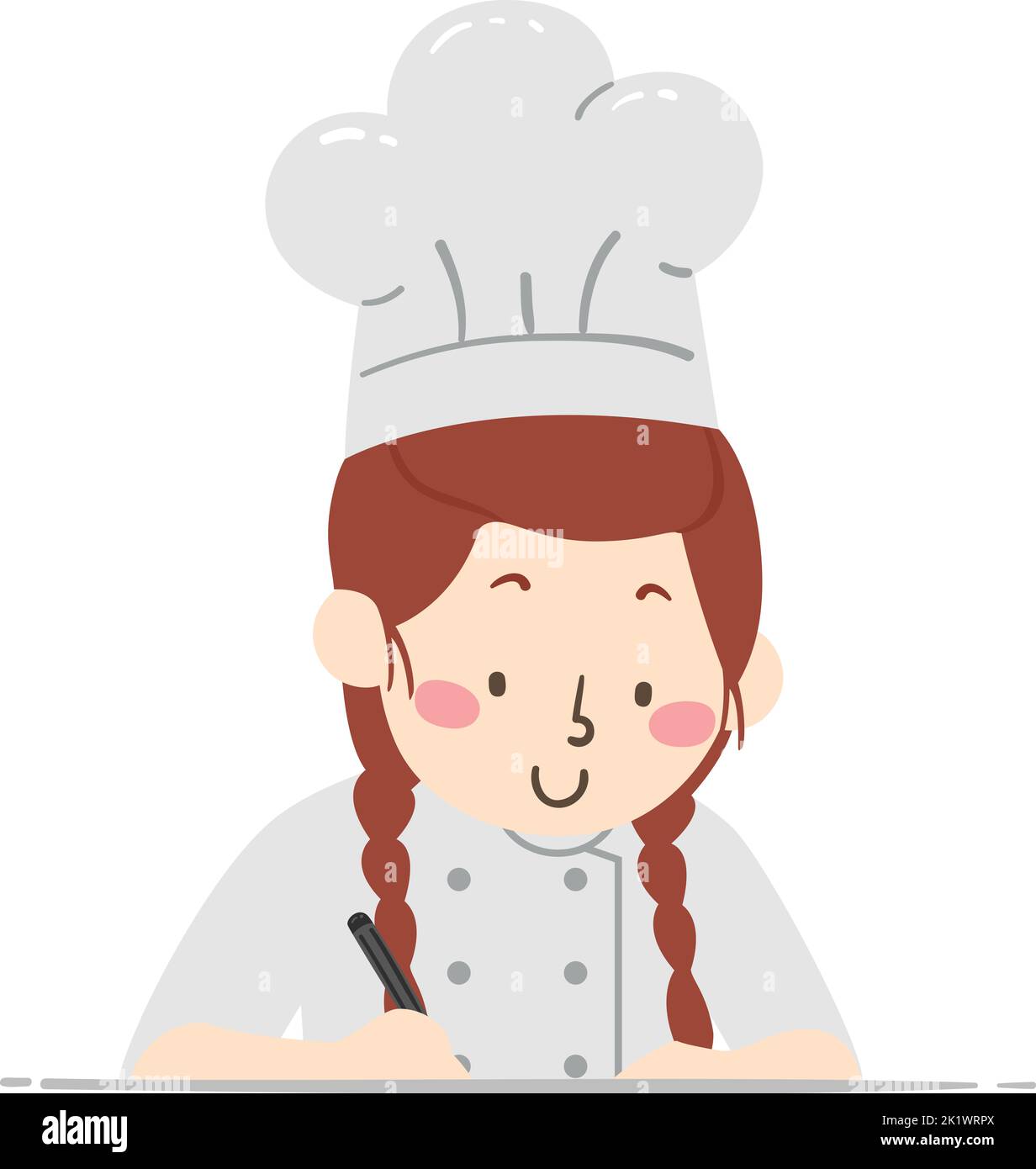 Illustration of Teen Girl Chef Wearing Coat and Toque Blanche Hat Writing with a Pen Stock Photo