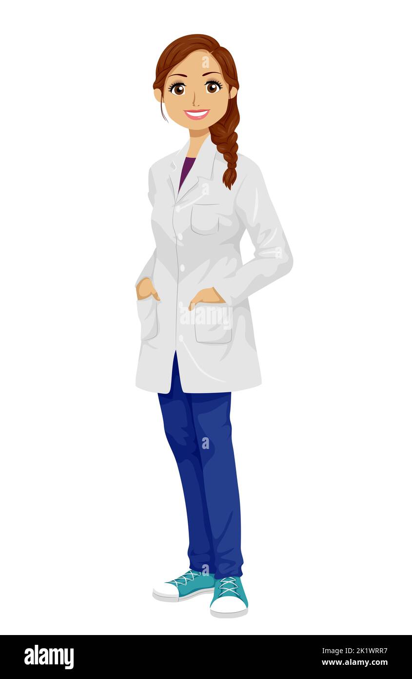 Illustration of Hispanic Teen Girl Wearing White Laboratory Gown Stock Photo