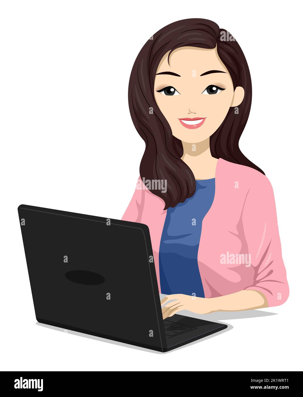 Illustration of North Eastern Asian Teen Girl Student Using Laptop Stock Photo