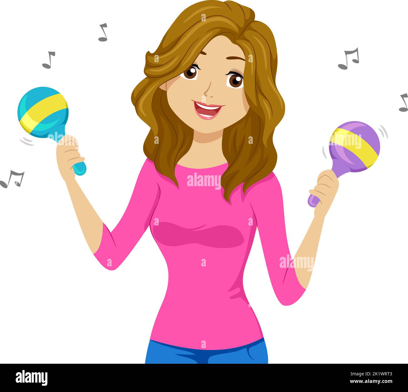 Illustration of Teen Girl Holding and Playing Maracas with Musical Notes Floating Around Stock Photo