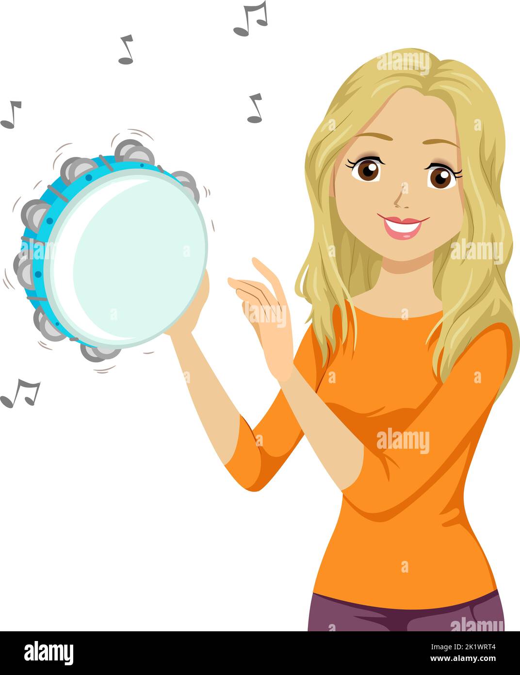 Illustration of Teen Girl Playing Tambourine Instrument with Musical Notes Floating Around Stock Photo