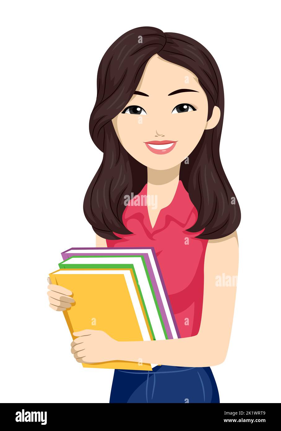 Illustration of East Asian Teen Girl Student Holding Books Stock Photo