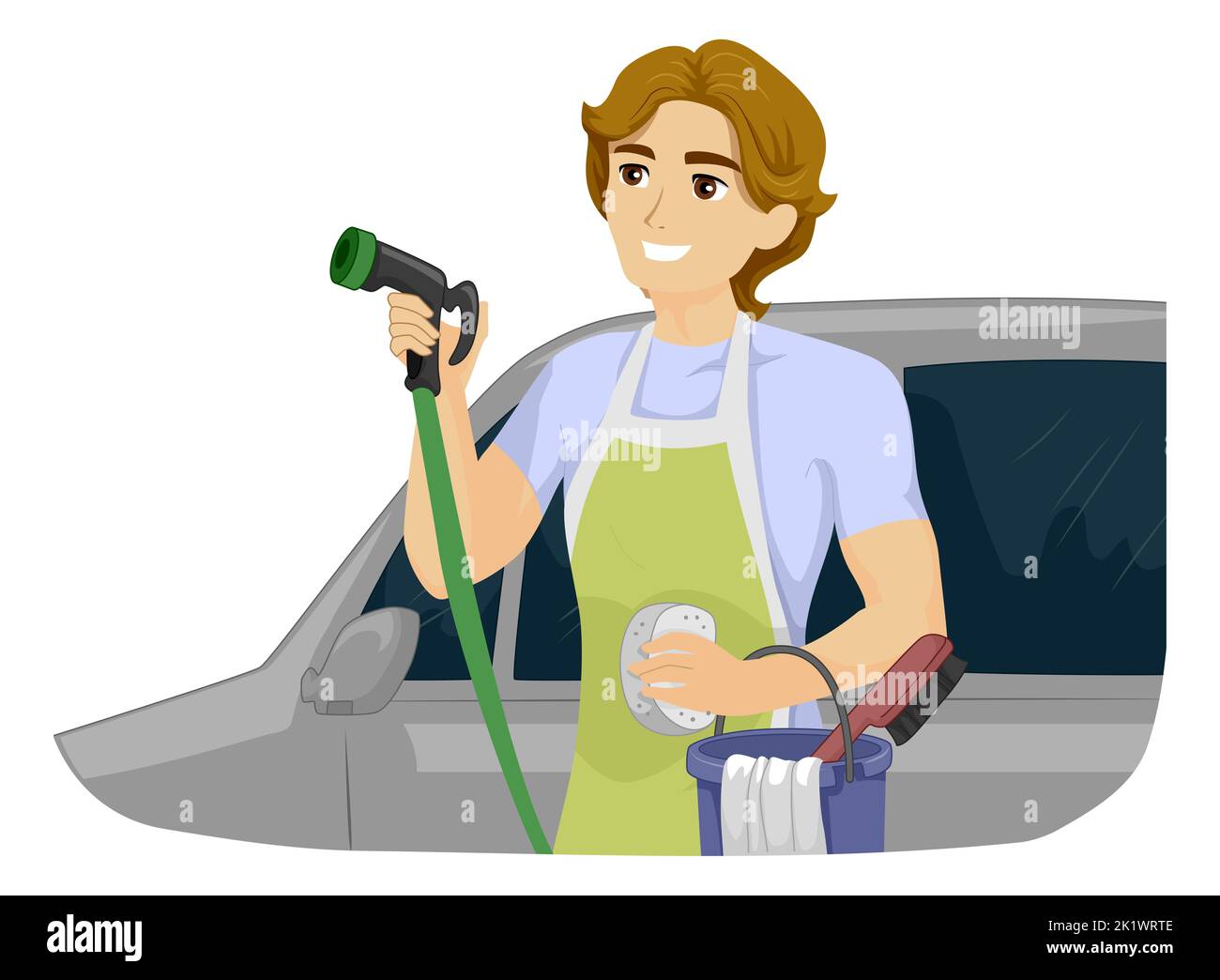 Illustration of Teen Guy Wearing Apron, Carrying Pail with Cleaning Materials and Holding Water Hose for Washing Car Stock Photo