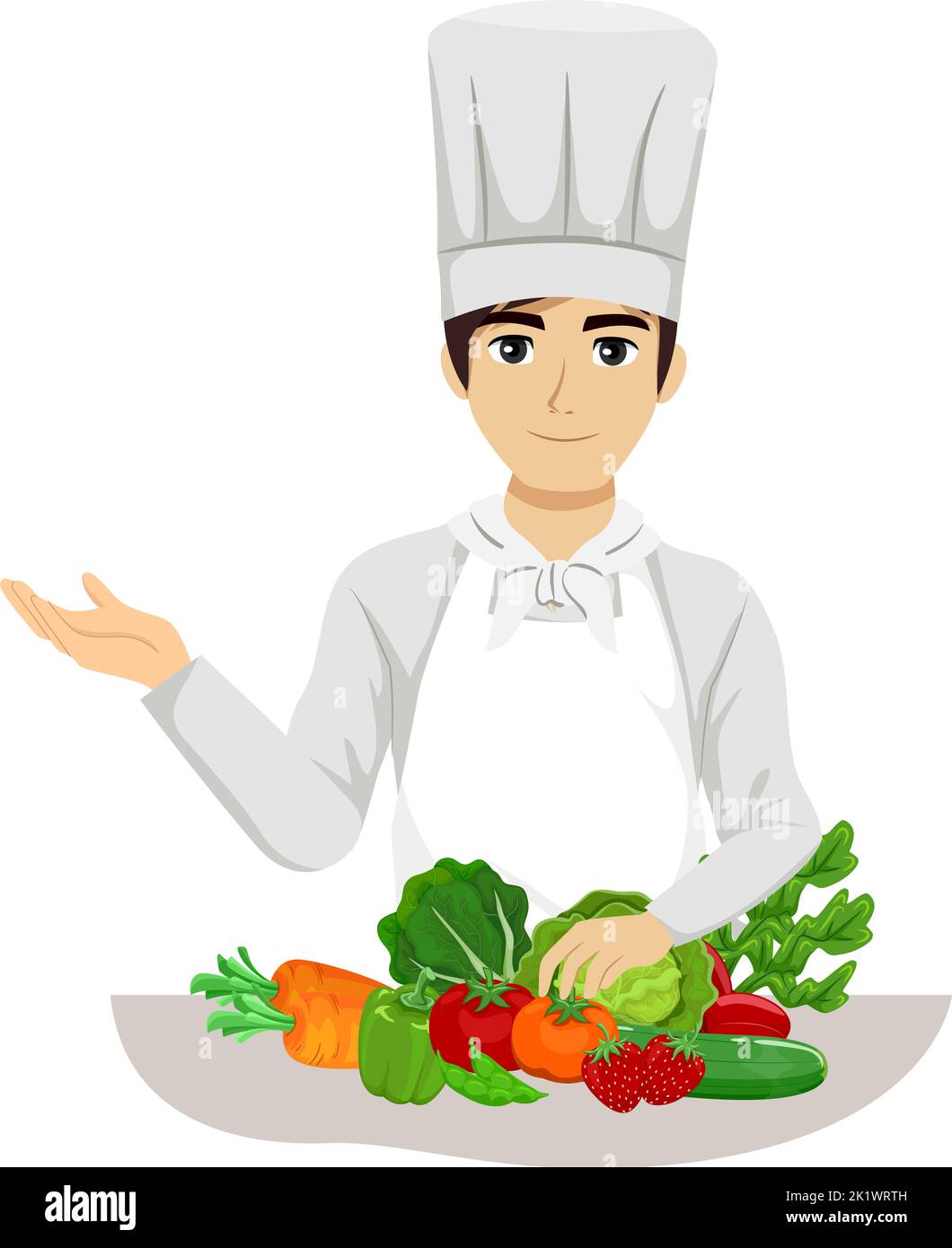 Illustration of Teen Guy Chef Wearing Apron and Toque Blanche Hat Talking about Vegetables Stock Photo