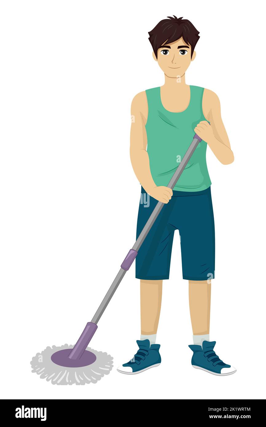 Illustration of Teen Guy Cleaning the Floor Using Mop. Household Chore Stock Photo