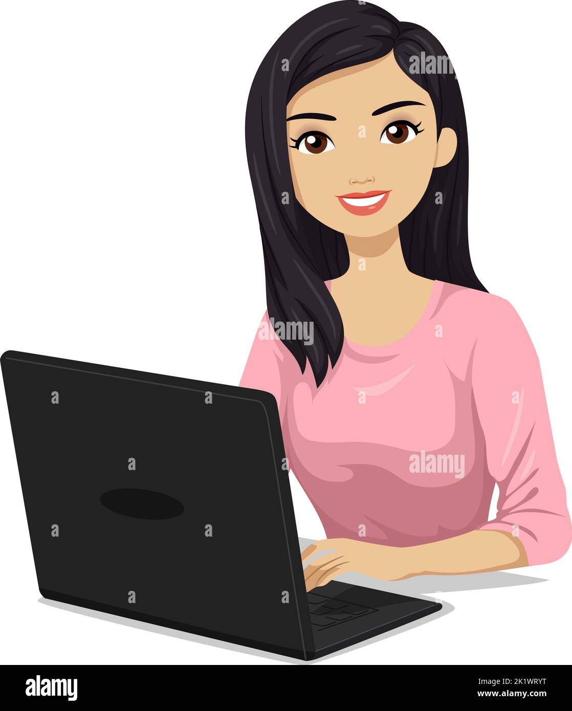 Illustration of South East Asian Teen Girl Student Using Laptop Stock Photo