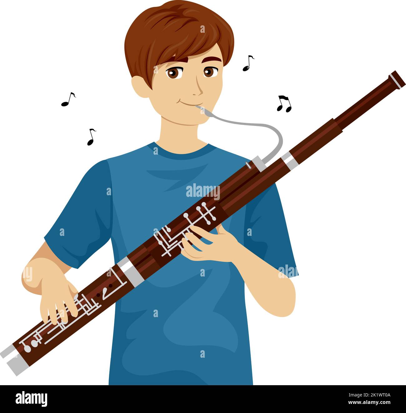 Illustration of Teen Guy Holding and Playing Bassoon Instrument with Musical Notes Floating Around Stock Photo