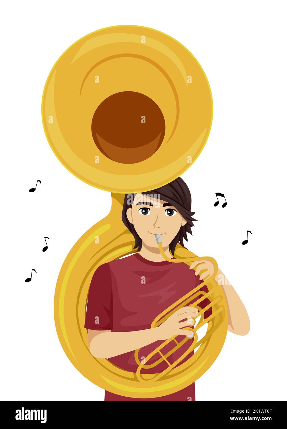 Illustration of Teen Boy Holding and Playing Sousaphone Instrument with Musical Notes Floating Around Stock Photo