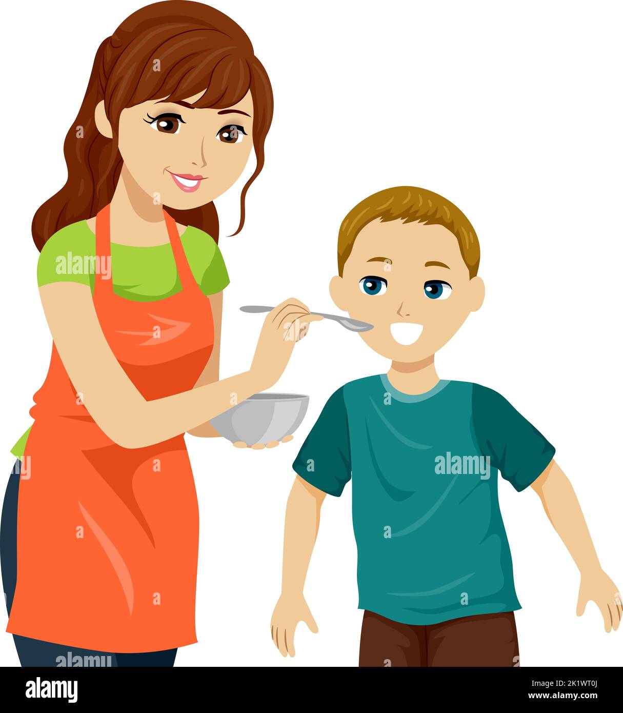 Illustration of Teen Girl Wearing Apron, Holding Bowl and Spoon Asking Brother to Taste Food While Cooking Stock Photo