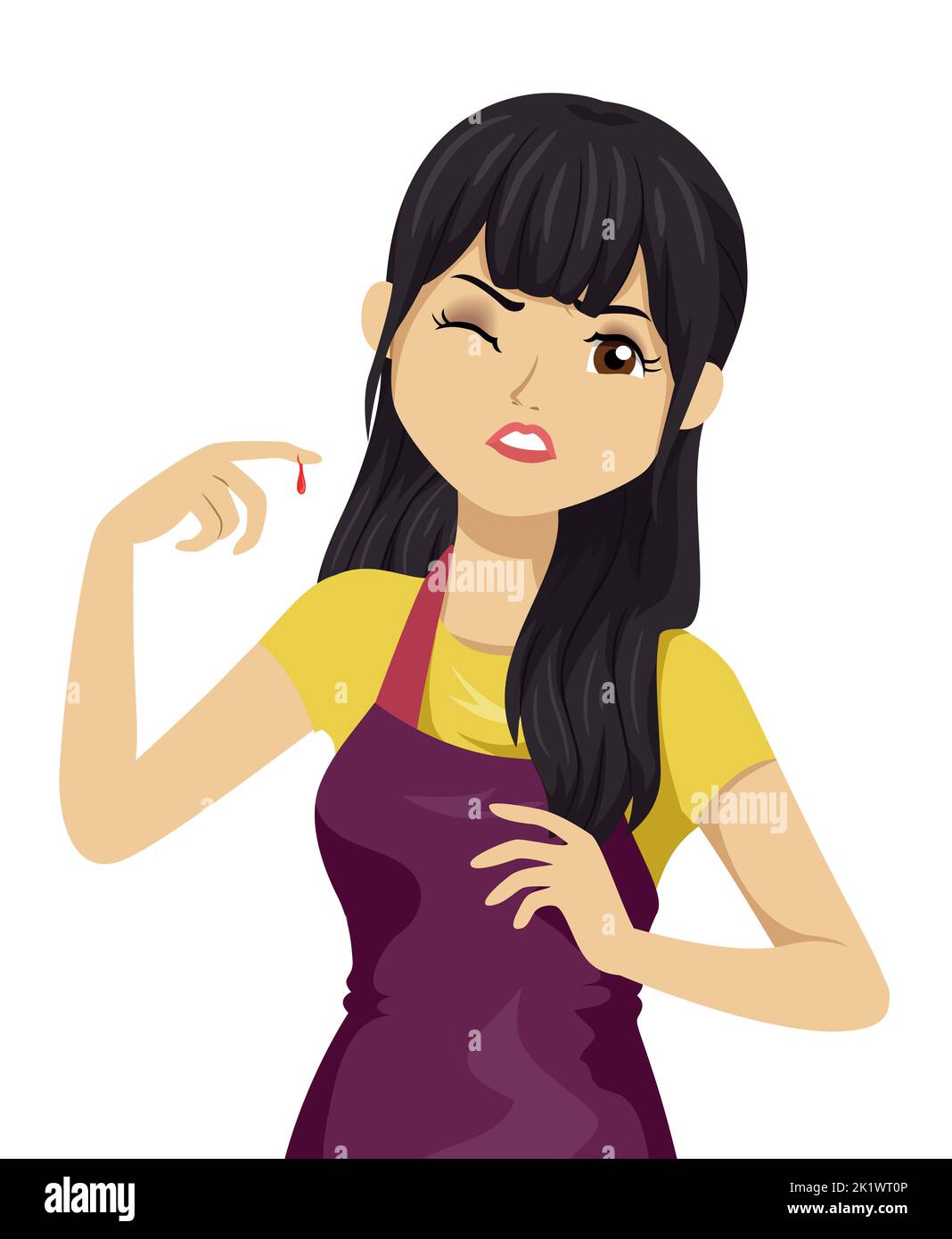Illustration of Teen Girl Wearing Apron with Bleeding Cut on Finger while Prepping Food Stock Photo