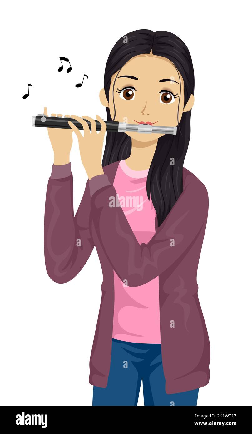 Illustration of Teen Girl Holding and Playing Piccolo Instrument with