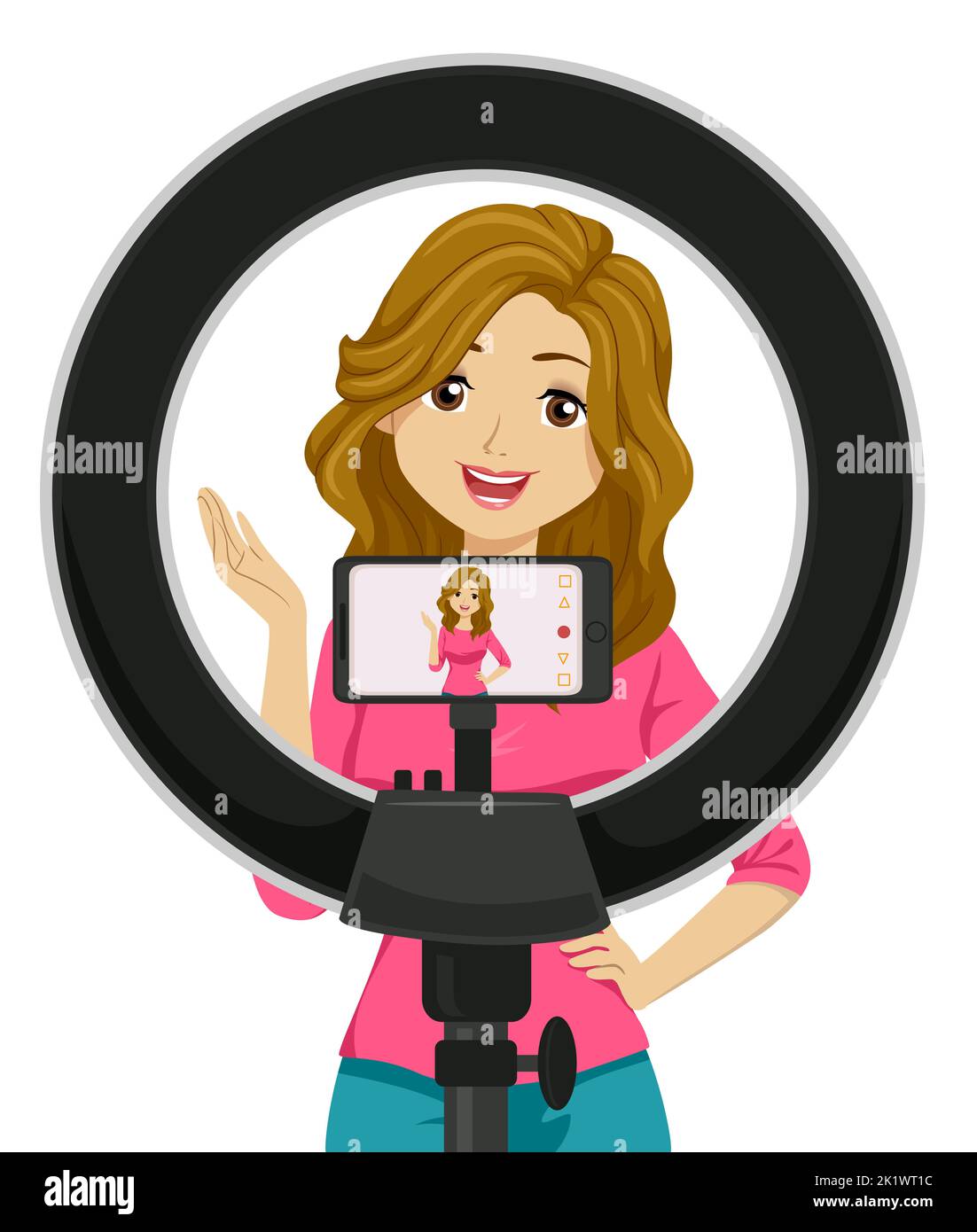 Illustration of Teen Girl Filming a Vlog Using Mobile Phone with LED Ring Light Stock Photo