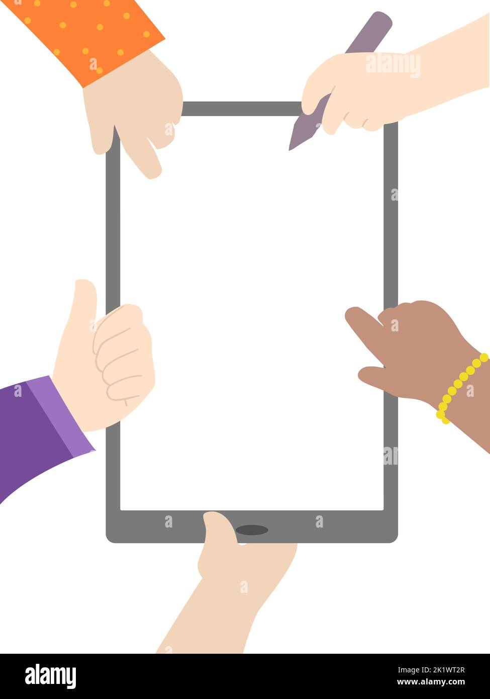 Illustration of Hands of Kids Holding and Pointing to the Tablet Computer Blank Frame with One Kid Holding a Pen Stock Photo