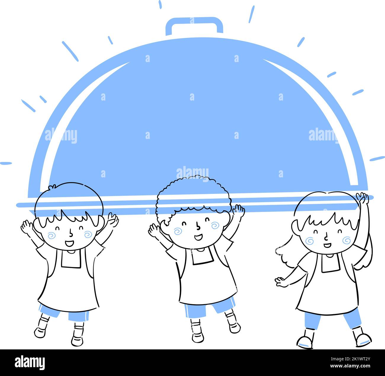 Doodle Illustration of Kids Wearing Apron and Holding a Big Blue Platter of Food They Cooked Stock Photo