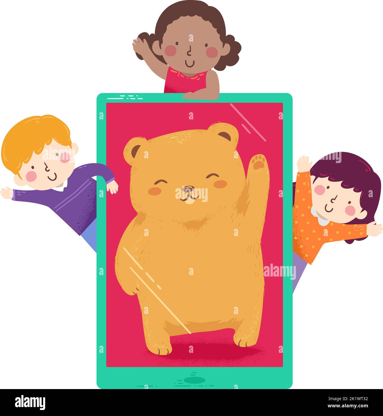 Illustration of Kids Waving with a Big Tablet or Mobile Phone with a Teddy Bear Stuffed Toy Waving Stock Photo