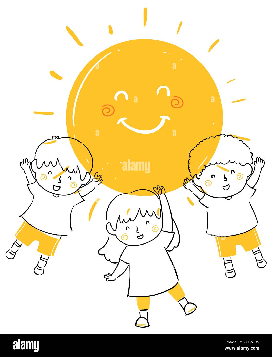 Doodle Illustration of Kids Bringing Sunshine and Waving Hello with a Sun Mascot Shining Behind Them Stock Photo
