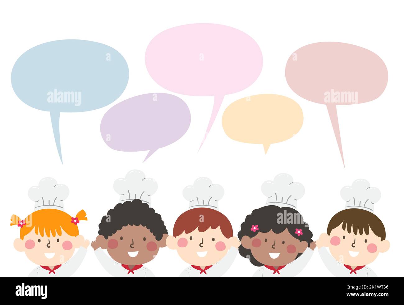 Illustration of Kids Chefs Waving Hello with Blank Speech Bubbles Stock Photo