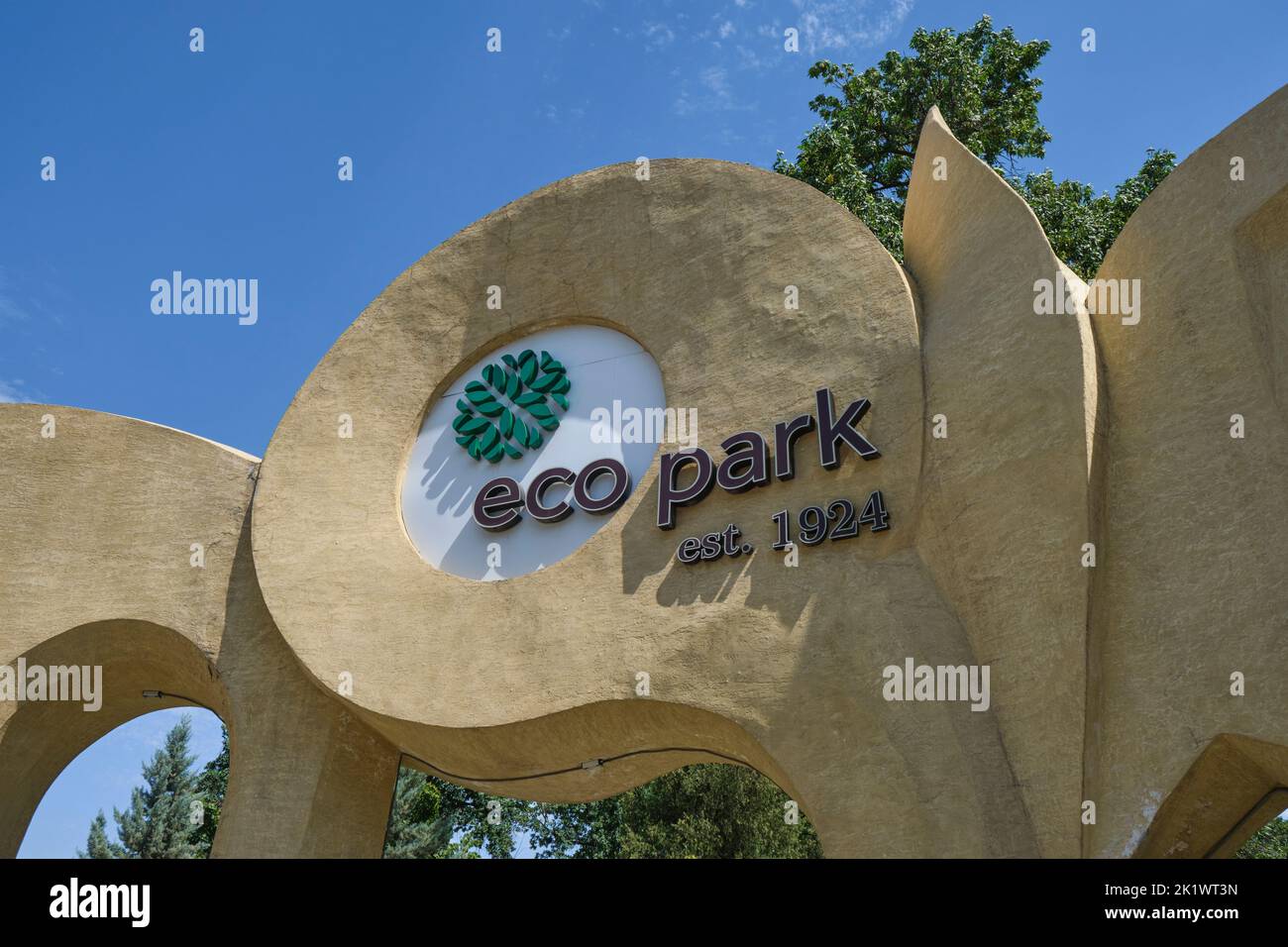 The front entrance sign to the urban oasis. At Eco Park in Tashkent