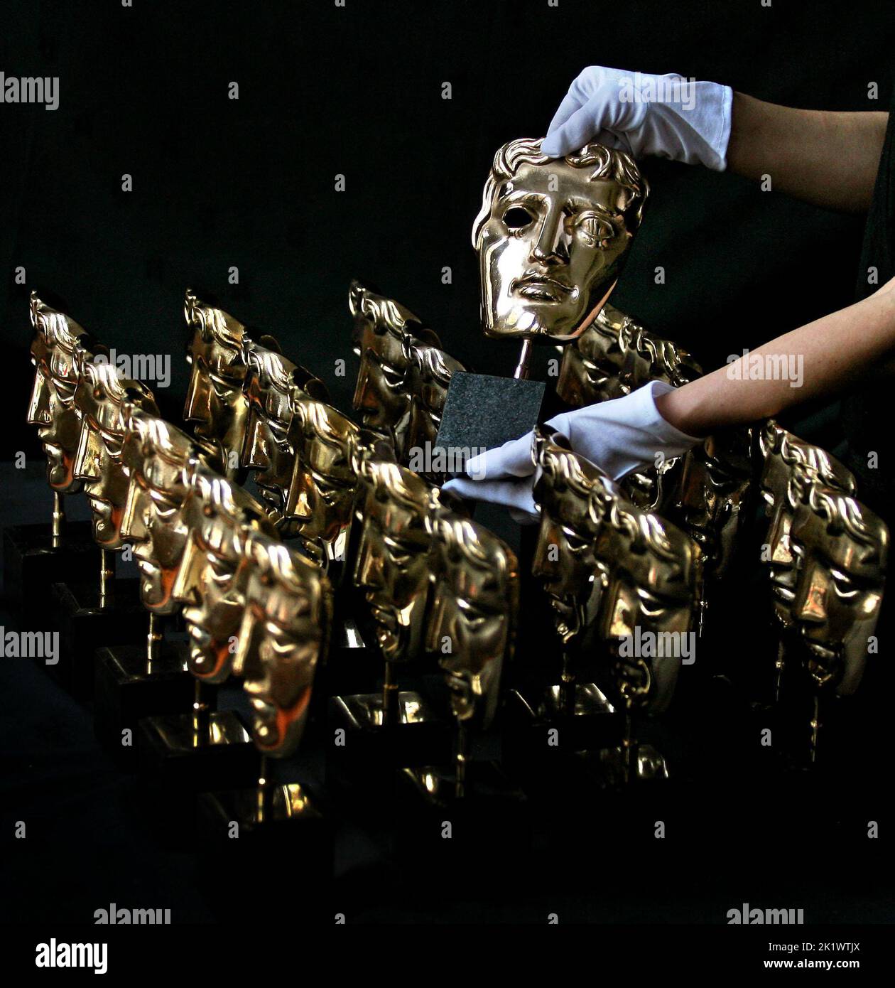 File photo dated 7/2/2008 of BAFTA statuettes. Next year's EE Bafta film awards will be held at the Royal Festival Hall, it has been announced. The annual ceremony, which will take place on February 19, moves from its previous location the Royal Albert Hall, which has hosted the event since 2017. Issue date: Wednesday September 21, 2022. Stock Photo