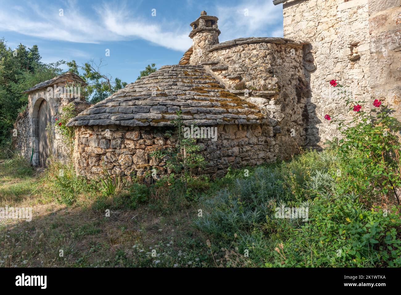 Stone house, traditional house of Causse mejean, limestone architecture. Cevennes, France. Stock Photo