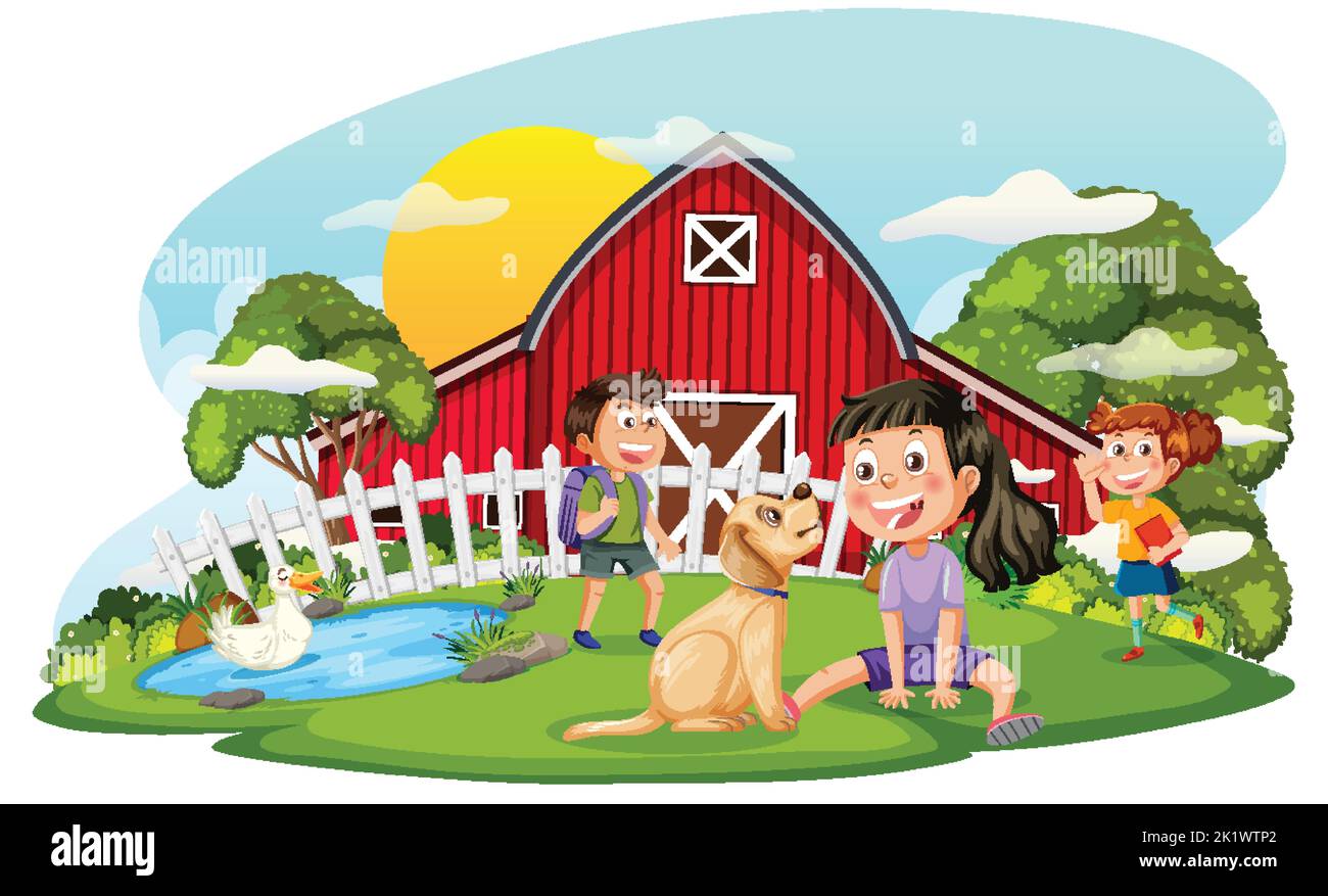Farm scene with kids cartoon character illustration Stock Vector Image ...