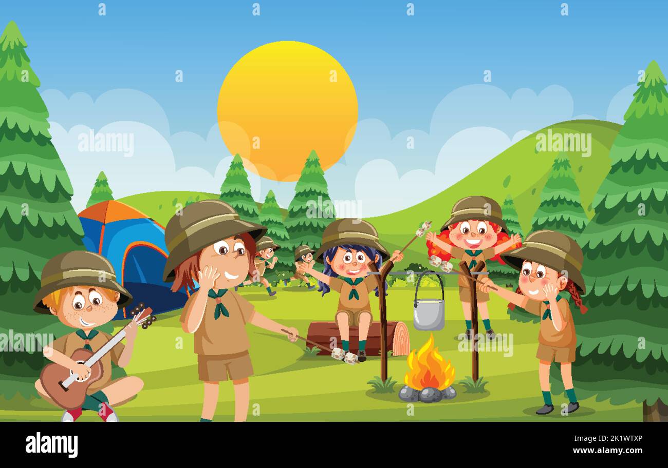 Children camping out forest scene illustration Stock Vector Image & Art ...