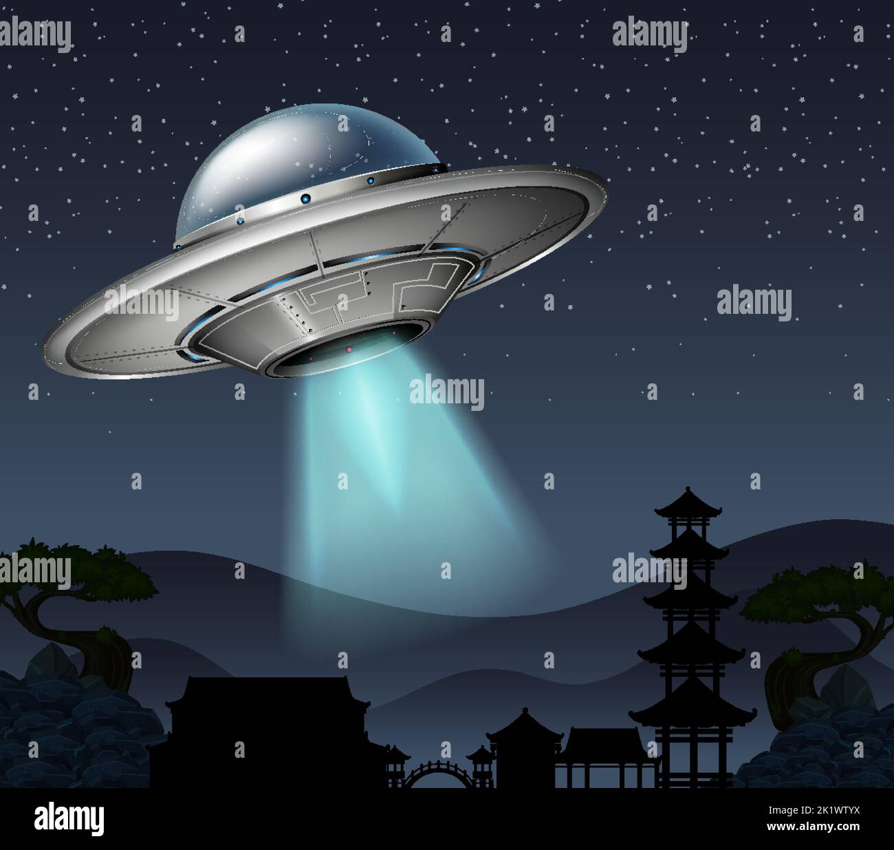 UFO visiting the earth at night illustration Stock Vector Image & Art ...