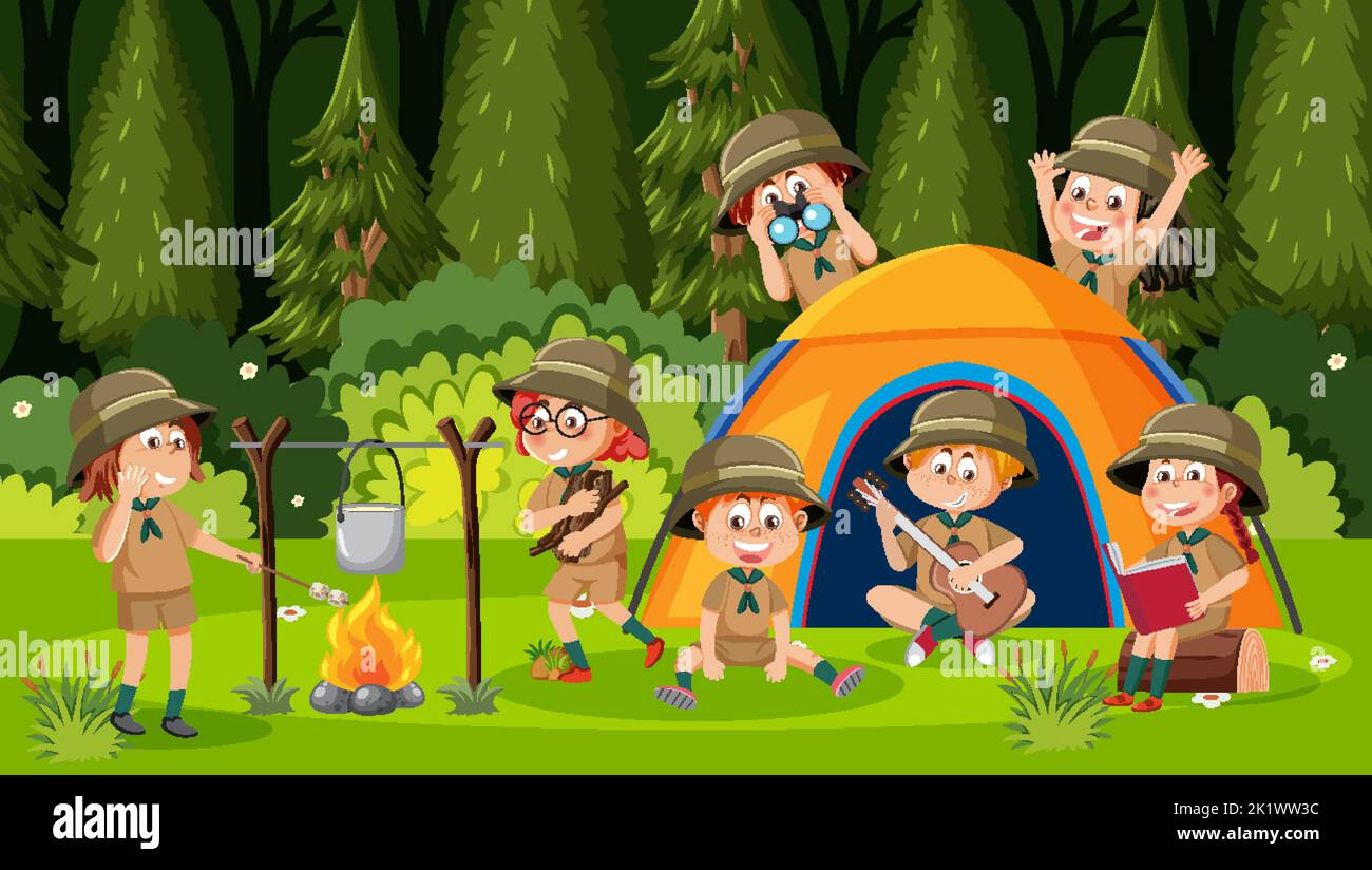 Children camping out forest scene illustration Stock Vector Image & Art ...