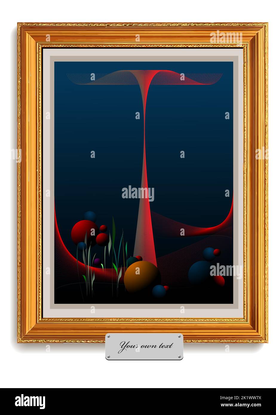 Black, blue and red abstract composition with balls and fish tail into old wood frame. 3d vector illustration Stock Vector