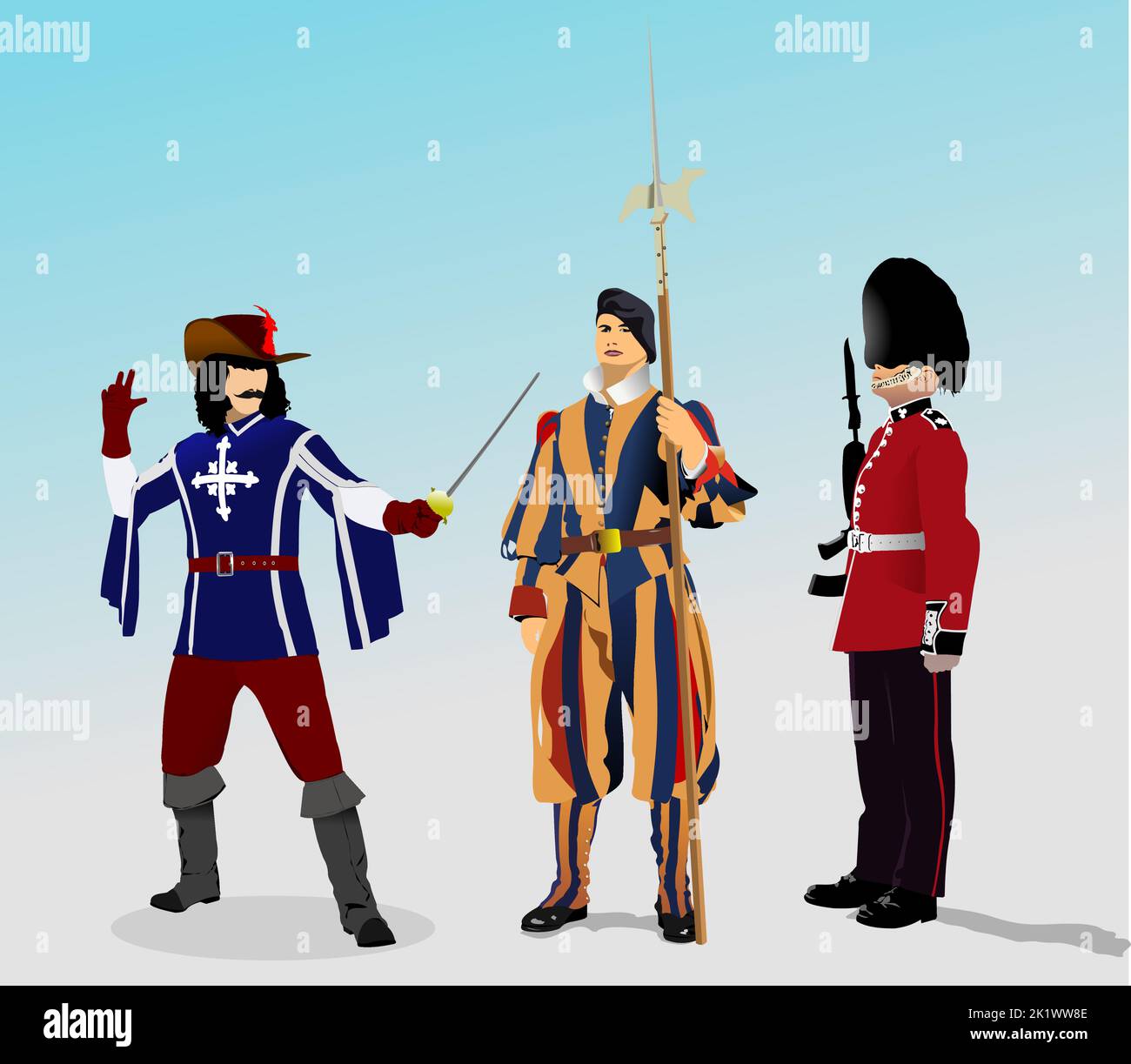 French Musketeer, Vatican Swiss Guard and London Royal Guard. 3d color vector illustration Stock Vector