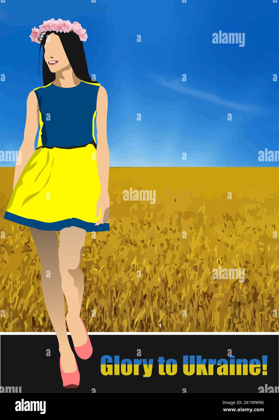 A girl dressed in the colors of the Ukrainian flag against the background of a wheat field and blue sky. 3d vector illustration Stock Vector