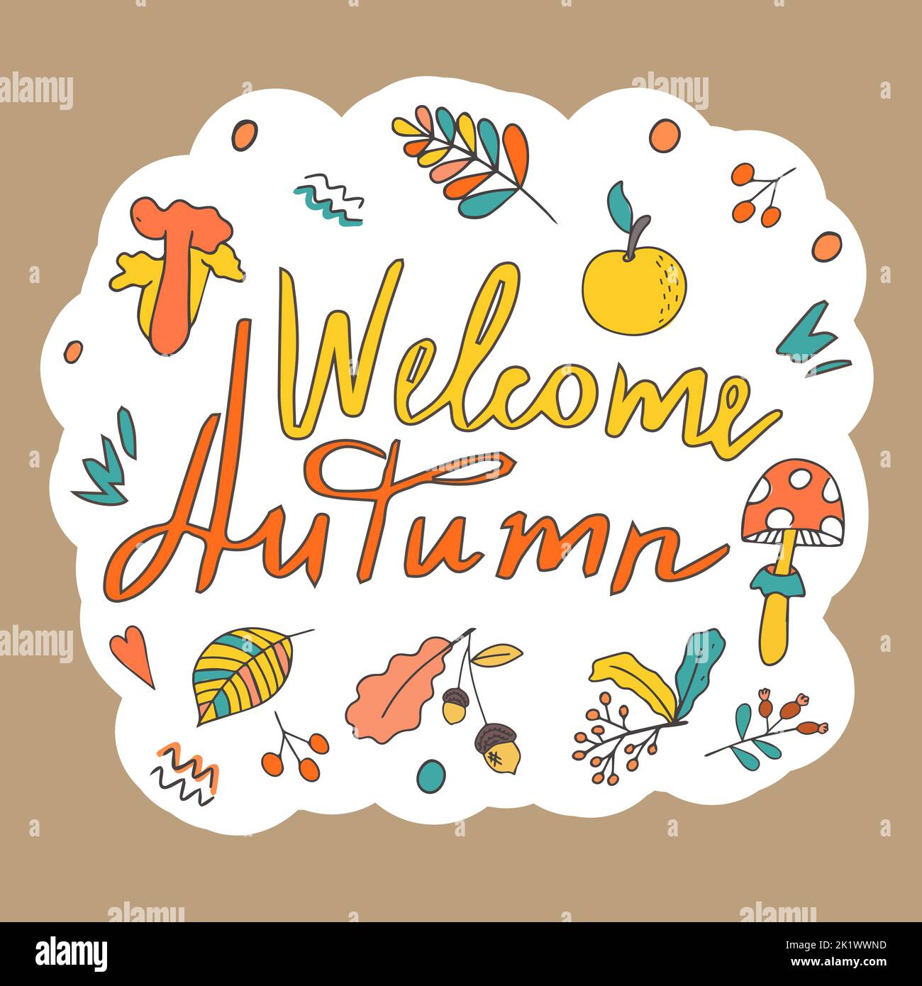 Sticker set from a set of leaves, berries and autumn fruits. Hello, Autumn. Sticker, banner, poster or design with place for text. Hand drawn in Stock Vector