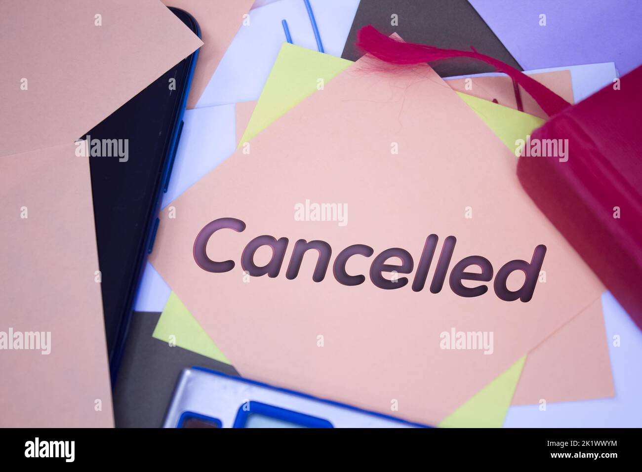Cancelled. Text on adhesive note paper. Event, celebration reminder