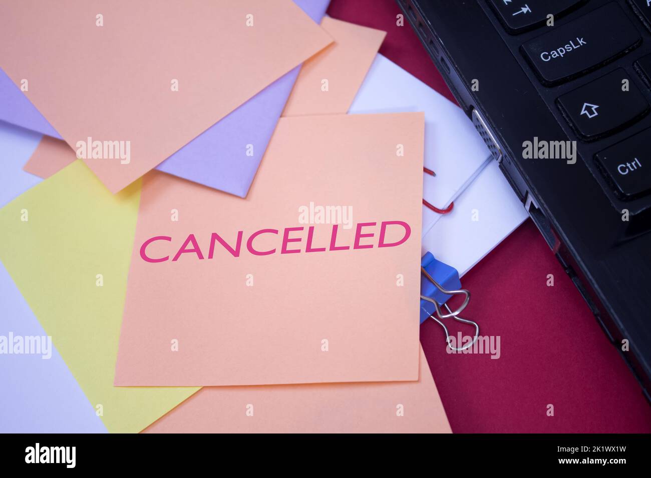 Cancelled. Text on adhesive note paper. Event, celebration reminder