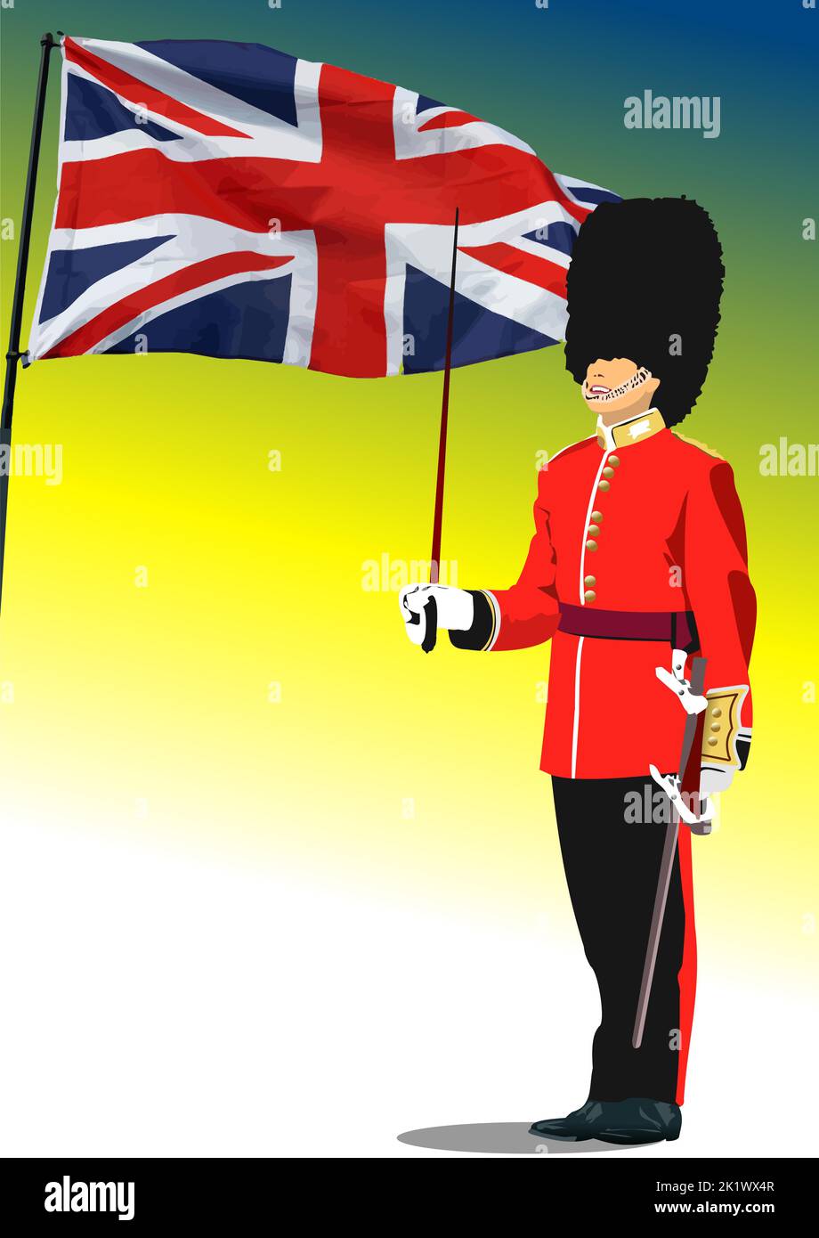 London  guard and flag GB . Colored 3d vector illustration for designers Stock Vector