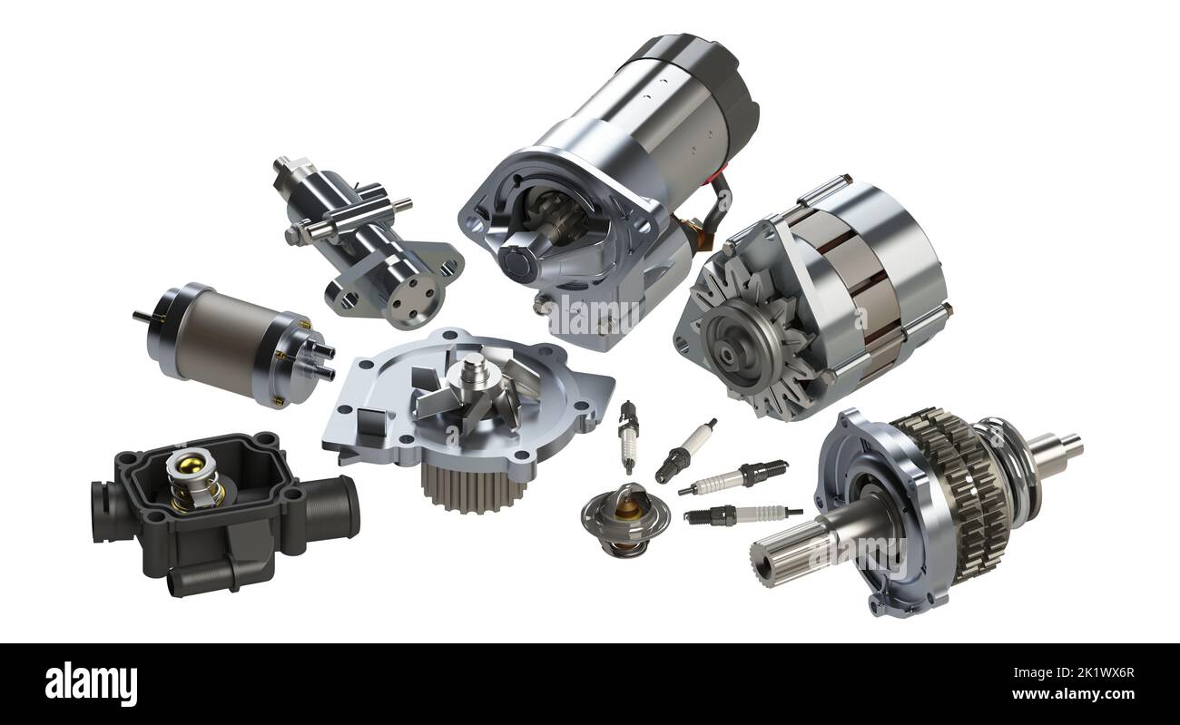 Automotive electric spare parts 3D illustration isolated on white