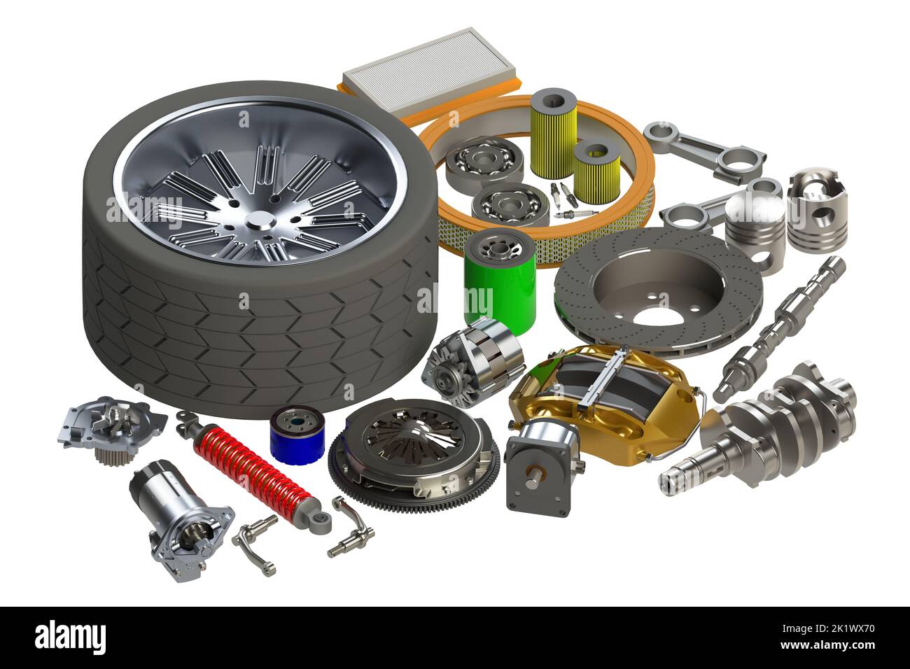 Car spare parts 3D illustration isolated on white background Stock