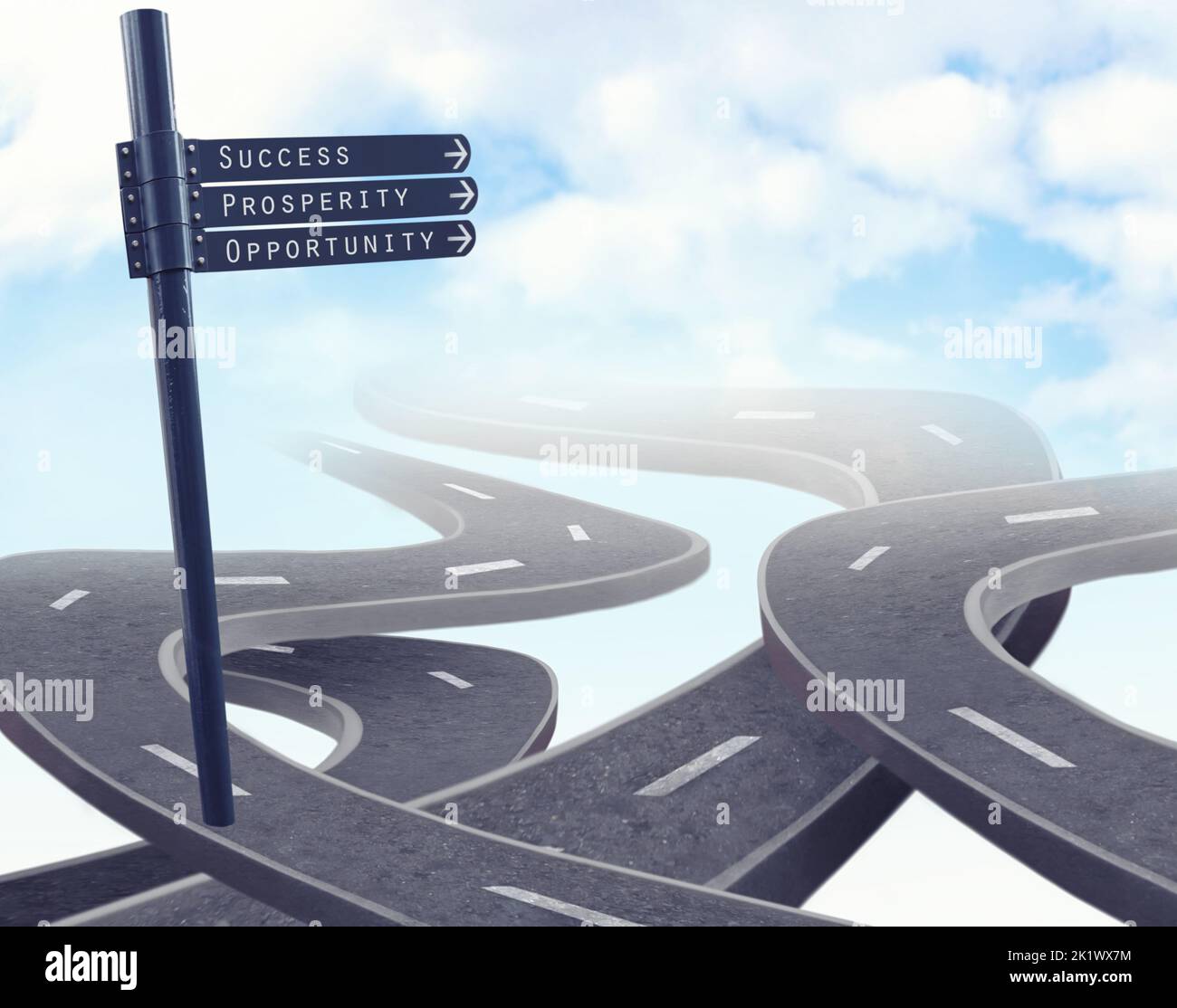 Illustration of winding roads leading to the sky with signs leading the way - ALL design on this image is created from scratch by Yuri Arcurs team of Stock Photo
