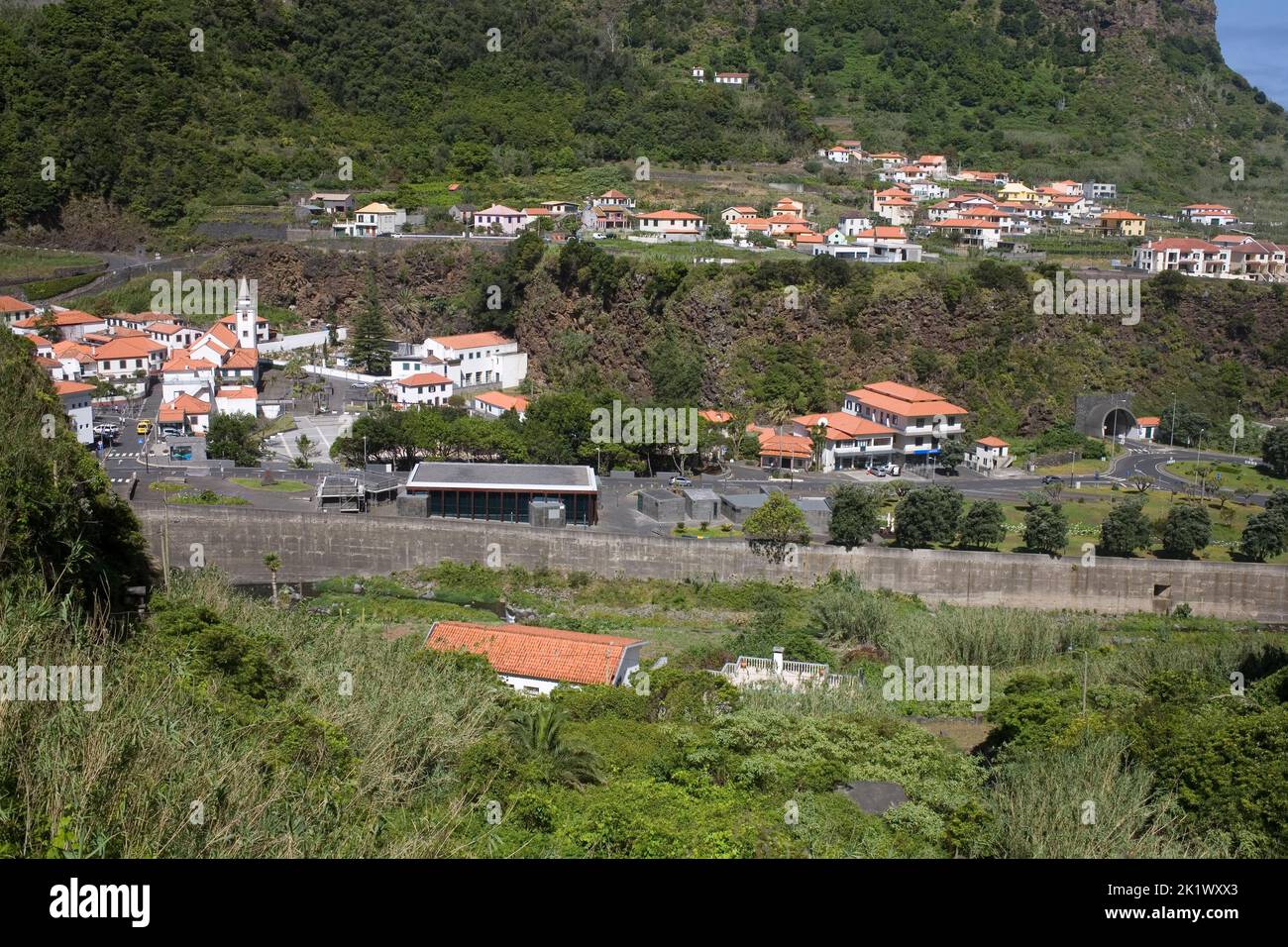 Town of Sao Vicente on North coast of Madeira and village Fontinha from across valley Stock Photo